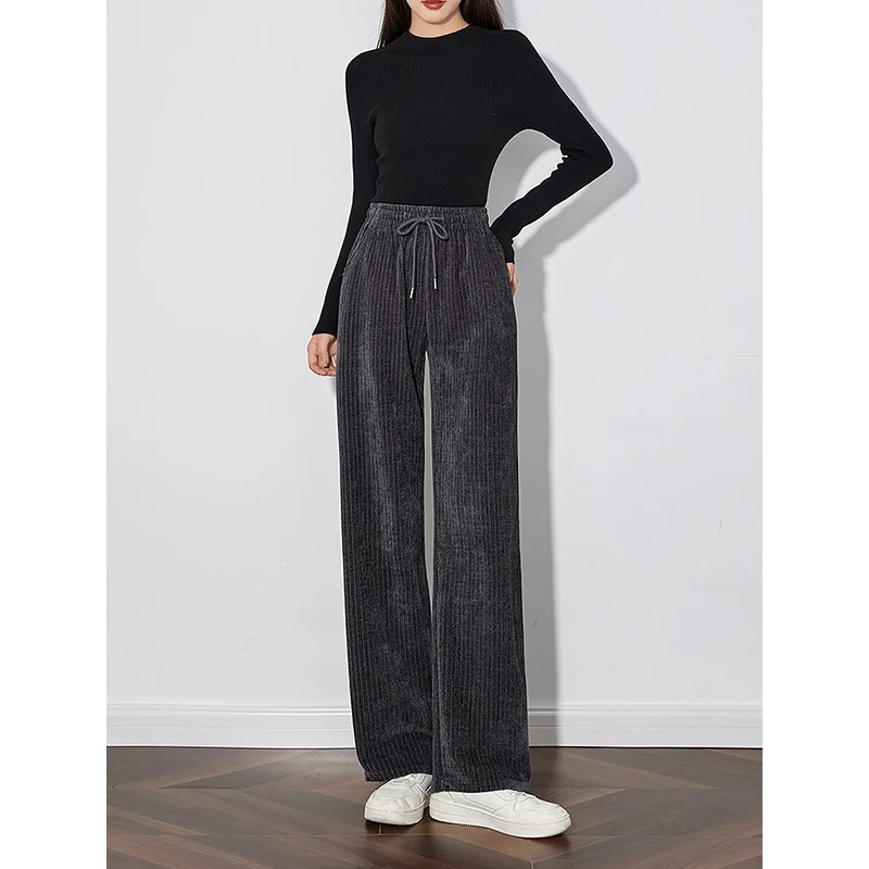 TOYOUTH Women Casual Pants 2024 Autumn Winter New Velvet Solid Color Elastic Waist Lazy Style Versatile Wide Leg Casual Pants