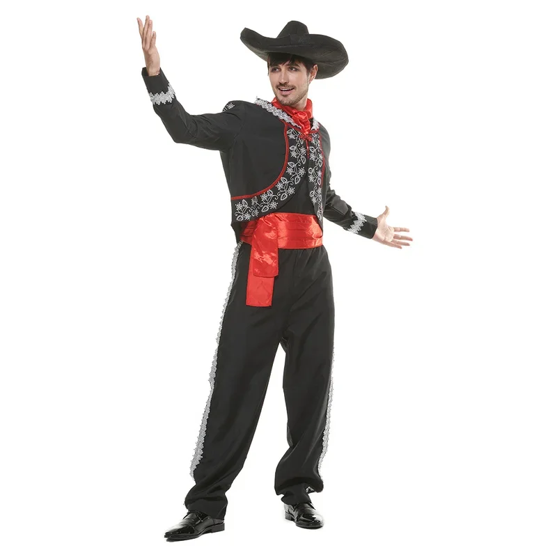 Men Mariachi Black Senor Halloween Costume Adult Mexican Senor Bones cowboy Cosplay Outfits Carnival Easter Purim Fancy Dress