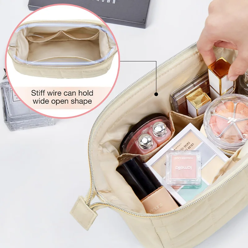 Makeup Bag, Puffy Padded Travel Cosmetic Organizer for Women, Wide-Open Makeup Case for Toiletries, Accessories, and Brushes