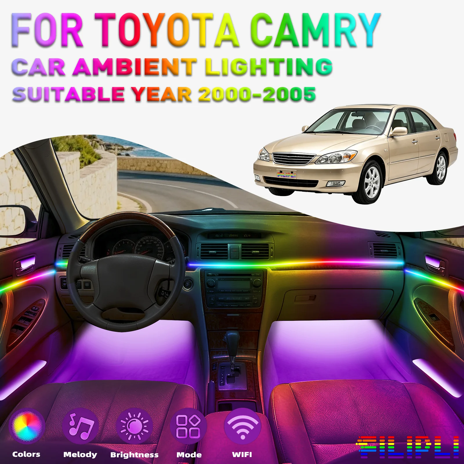 For TOYOTA Camry 2000-2005 CAR AMBIENT LIGHTING colorful 6 Lights Kit 256 Colors Iridescent 6-in-1 LED Interior Hidden Acrylic Strip Symphony Atmosphere Lamp Neon Acrylic Light Strip Lighting and Decorative Lamps Long Standby Car Decorative Light