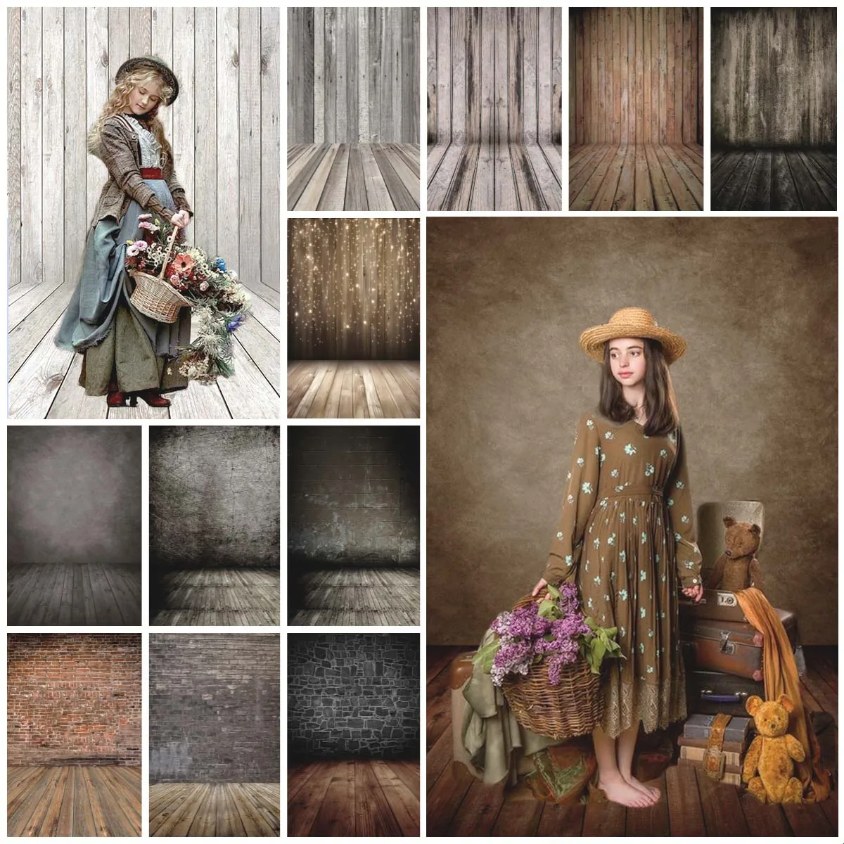 Backgrounds for Photographs Vintage Solid Color Gradient Texture Brick Wood Wall Wooden Floor Kids Adult Portrait Backdrop Decor