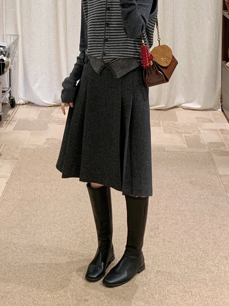 

Deep ey Woolen Plaid Skirt Women's High Waist Slimming Midi A-Line Skirt Korean Sle Winter New Arrival