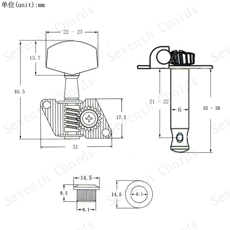 Um conjunto de 6 peças de botão quadrado cromado, engrenagem de abertura, afinadores de guitarra, chave, cabeça de máquina para peças de guitarra acústica