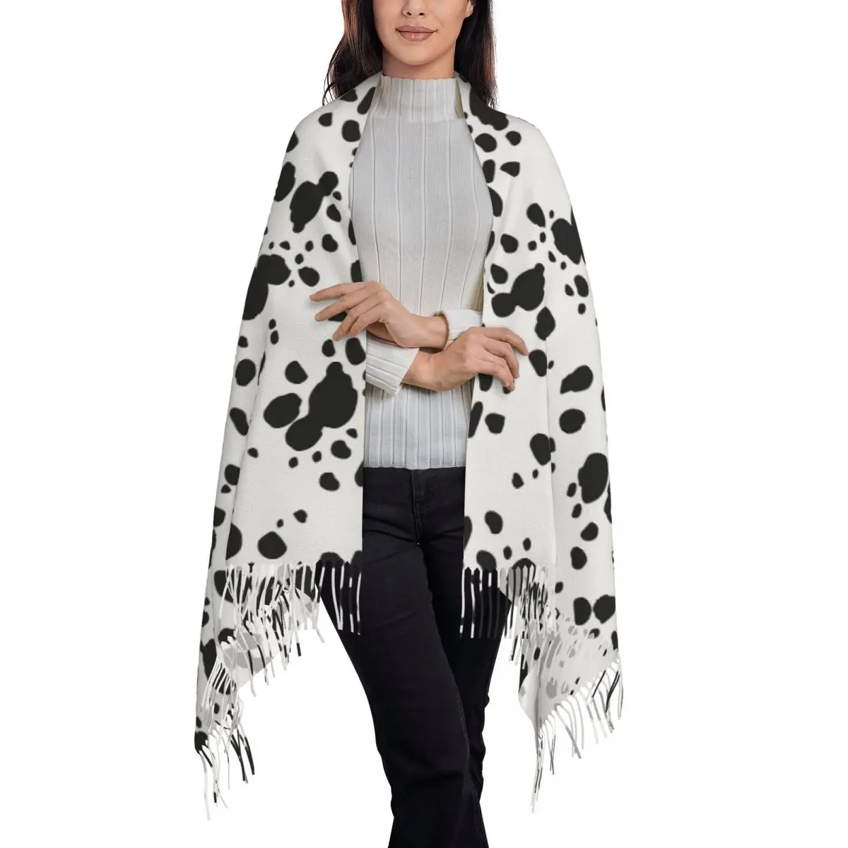 Black And Amp White Animal Print Dalmatian Dog Print Scarf Tassel Scarves for Women Soft Warm Shawls and Wraps Winter Shawl Wrap