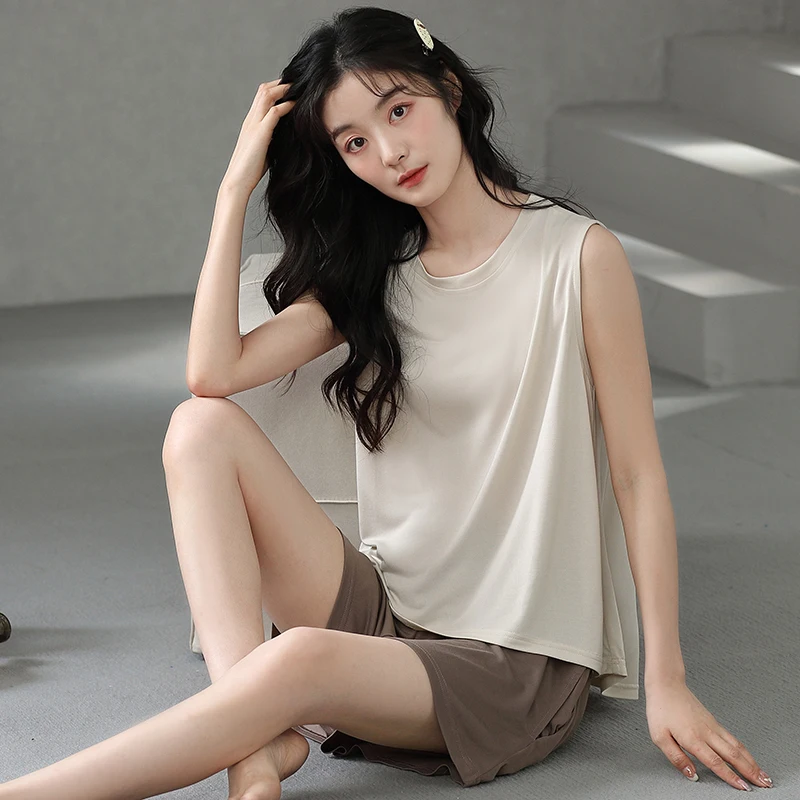 Newest Summer Pyjamas With Chest Pad Women Modal Vest Pajamas Set Solid Pijamas Casual Soft Ladies Sleepwear Home Clothing