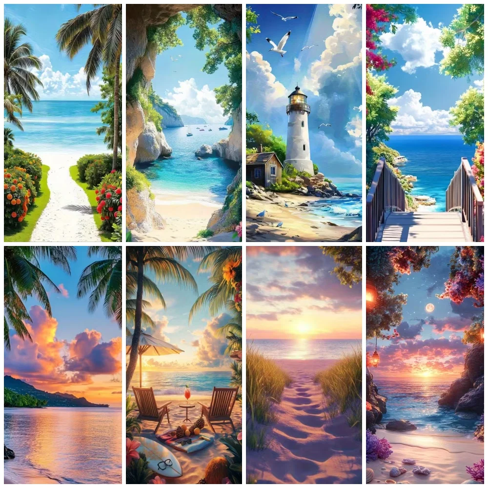 

Summer Seaside Beach Background Door Cover Palm Tree Blue Sky Romantic Sunrise Sea Wave Photozone Backdrop Supplies Party Decor