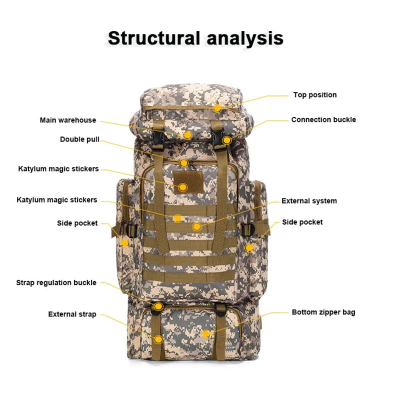 Capacity 80L Backpack Outdoor Camouflage men Large Waterproof Outdoor Military Backpack Travel Backpack for Men Hiking Bag