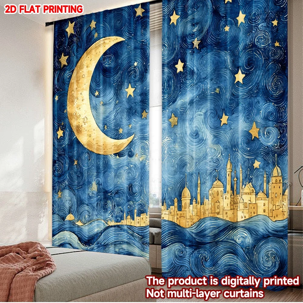 

2pcs Night Skyline Curtains Digital Printing, Deep Blue with Golden Moon Stars and City Silhouette for Modern Bedroom Decor