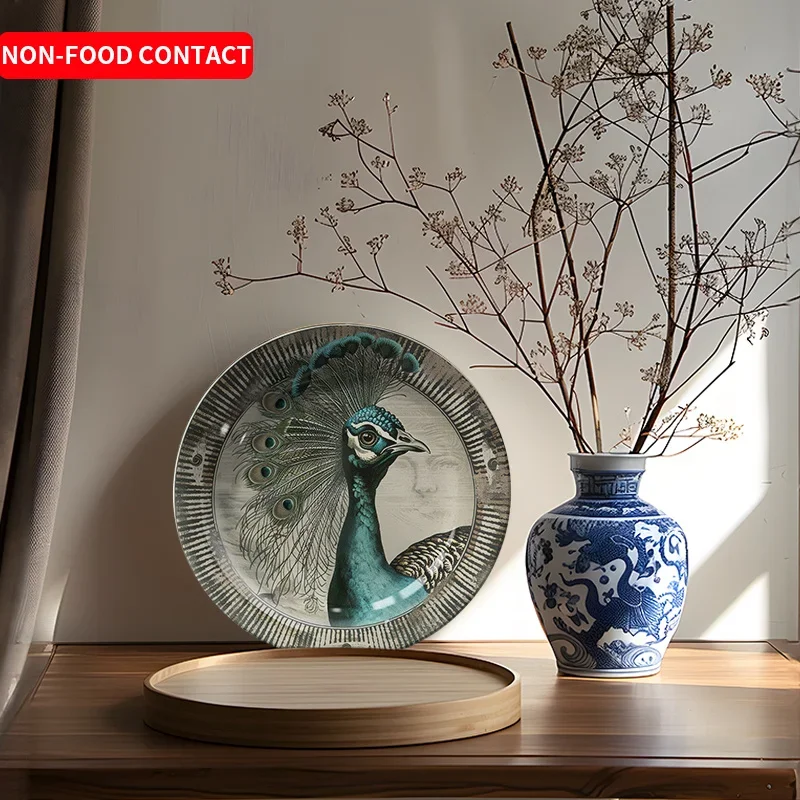 One Piece of Peacock-Themed Ceramic Plate - a Decorative Design Not Meant for Food Use, Featuring a Detailed Green And White
