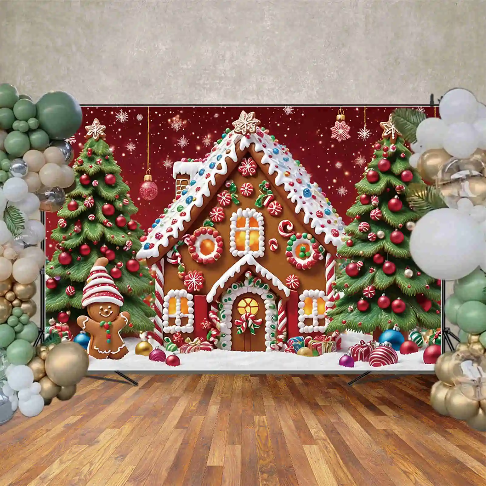 MOON.QG Children Christmas Background Gingerbread House Ornamented Tree Gift Snowflake Backdrops Party Decor Photography Props