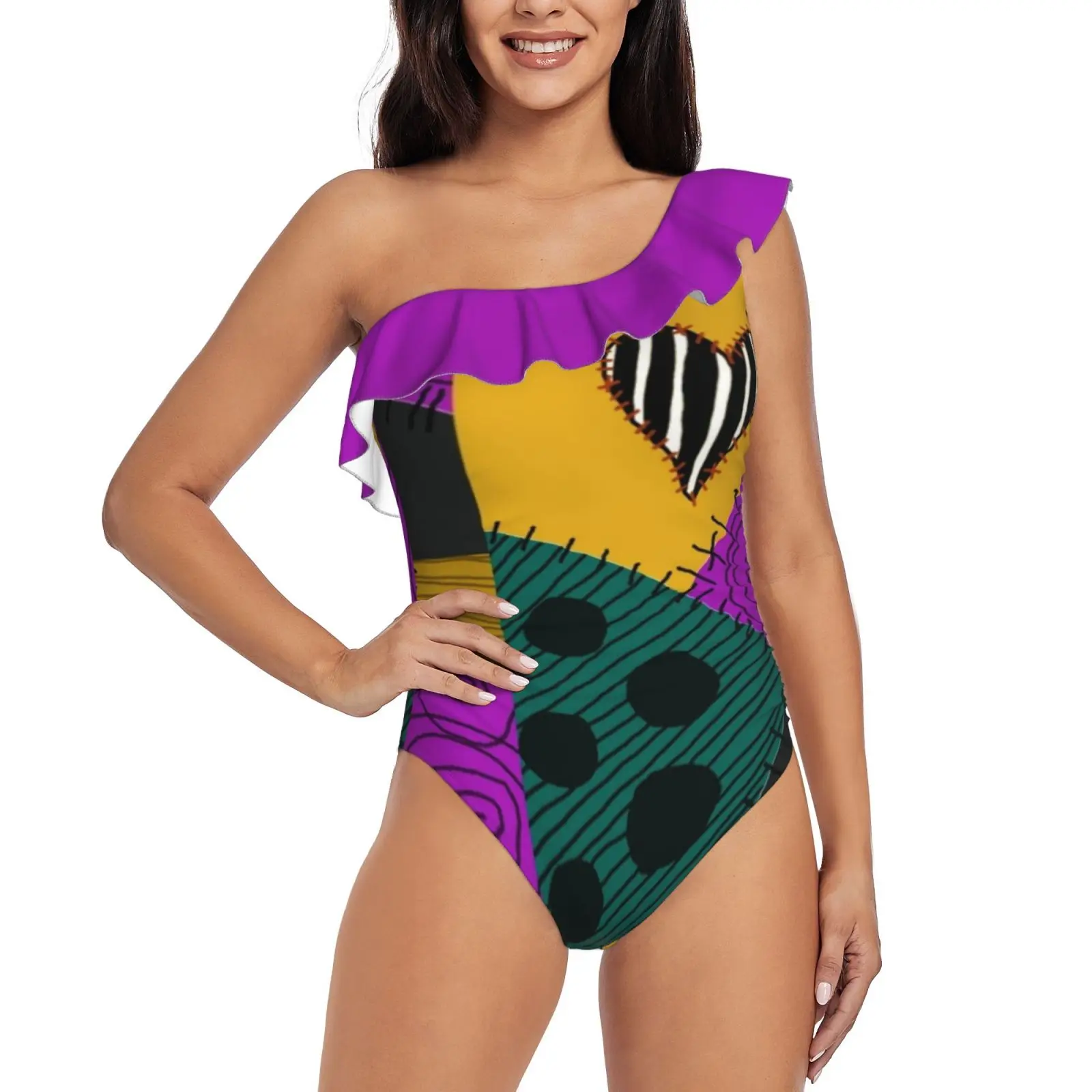 Sally\'S New Patch Women Printed One Piece Swimwear Sexy Backless Swimsuit V Neck Summer Beach Wear Nightmare Before Christmas