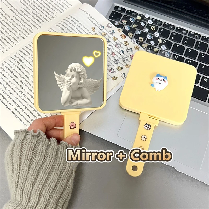 Portable Cute Cartoon Comb Mirror Square Extractable Handheld Travel Hair Brush Styling Tool Makeup Tools A Gift For A Girl