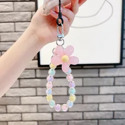 Cadena de teléfono con cuentas de corazón de Color caramelo para mujer, correa de muñeca, flor, mariposa, funda de teléfono, accesorios de joyería