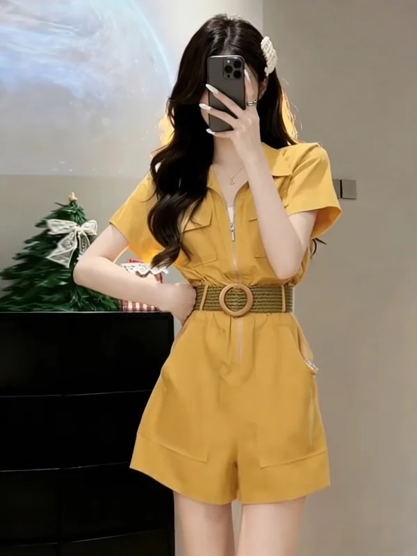 

Летний желтый льняной комбинезон-брюки для женщин с высокой талией, элегантный, удобный для поездок на работу