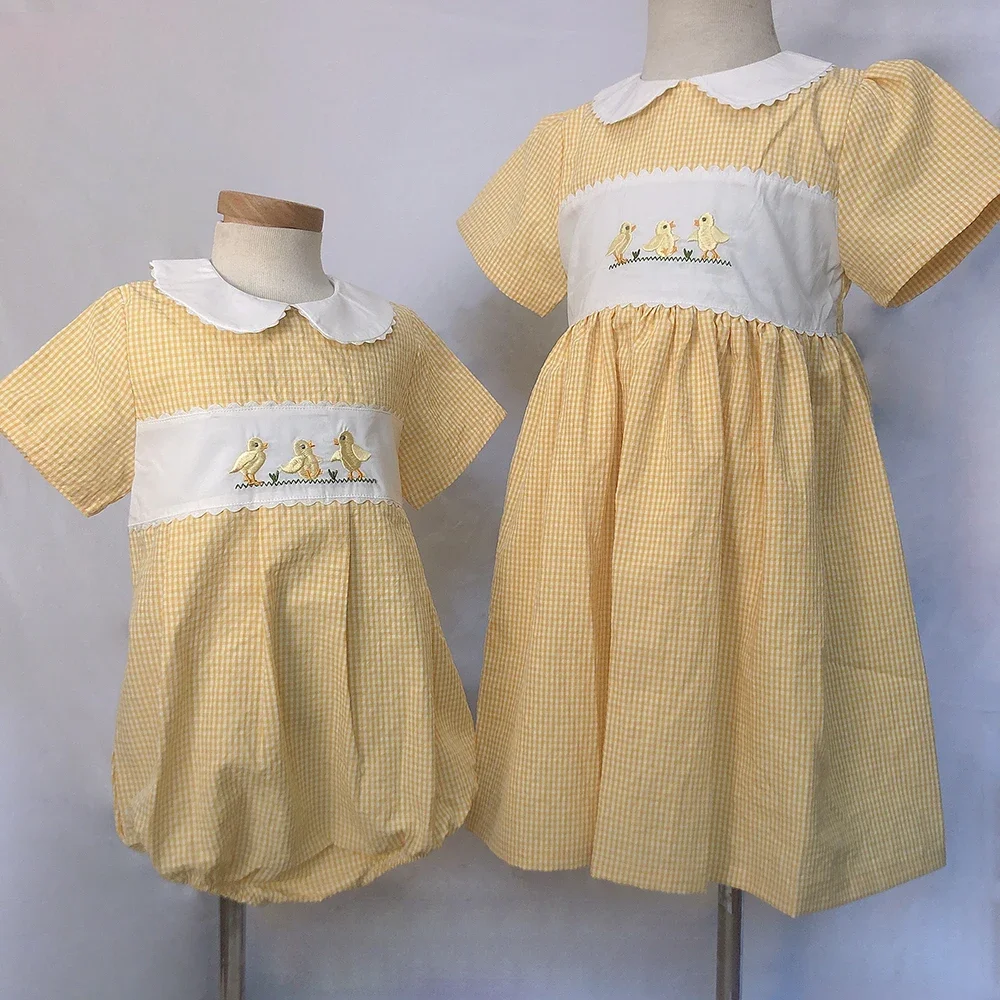 

Children Boutique Clothing Summer Girls Short Sleeves Yellow Plaid Embroidered Chick Cotton Dress Cute Skirt Siblings Outfit