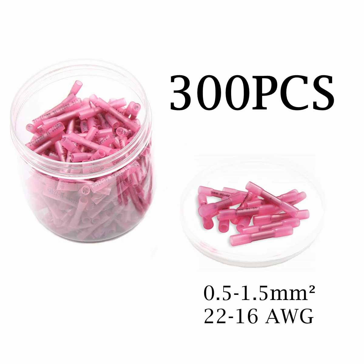 

300PCS Red Insulated Waterproof Heat Shrink Connectors Crimp TerminalsSeal Butt Electrical Wire Connector 22-16 AWG