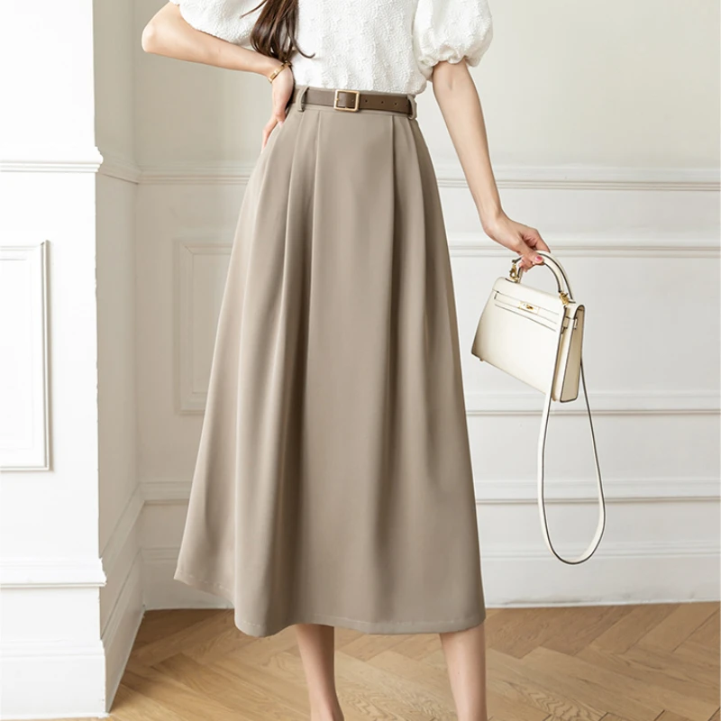 

New Temperament Sashs High Waist Mid-length Skirt Womens Fashion Draped A-line Long Skirts Vintage Female Spring Summer Jupe