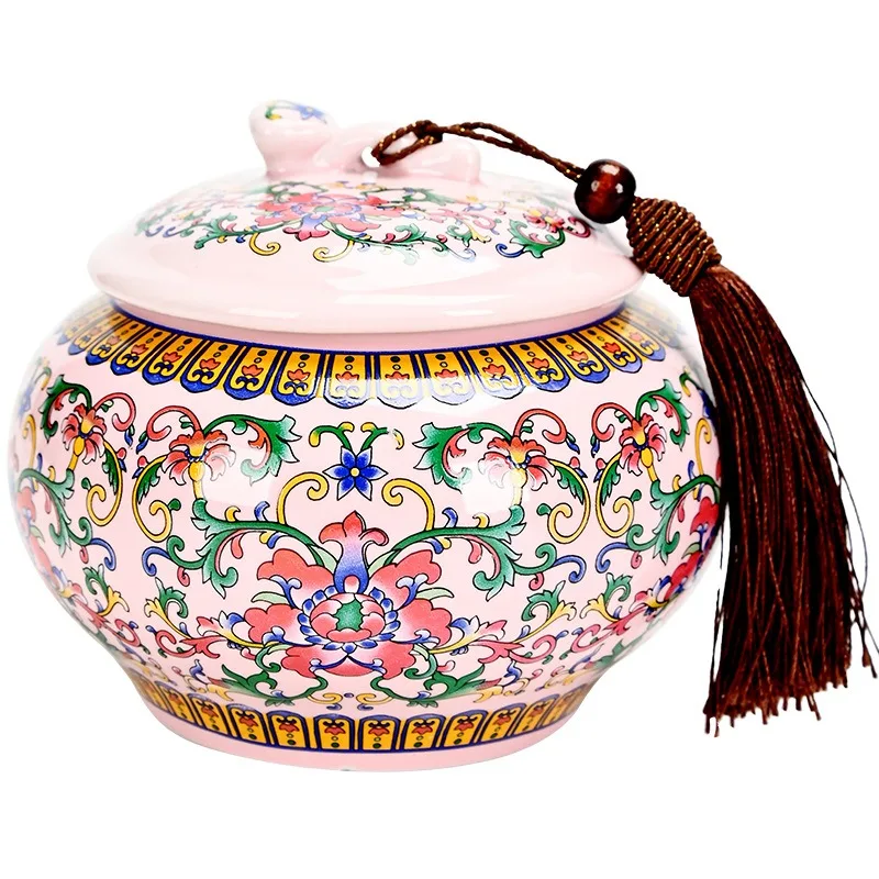 

Enamel large ceramic sealed jar household snack storage jar with lid vintage tea drinking can