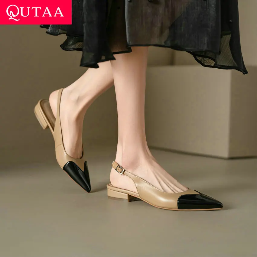 QUTAA 2023 Women Ankle Strap Sandals Fashion Pointed Toe Low Heel Genuine Leather Shoes Woman Spring Summer Wedding Size 34-39