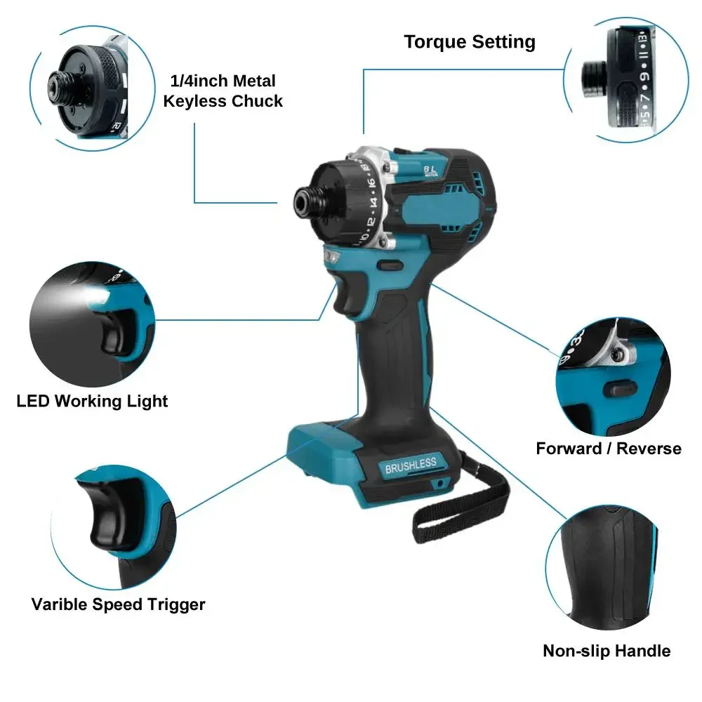 

Бесщеточная электрическая дрель 1/4 дюйма, 280 Нм, 1000 Вт, 20 + 1 крутящий момент для аккумуляторной электрической отвертки, мощный инструмент для батареи Makita 18 В