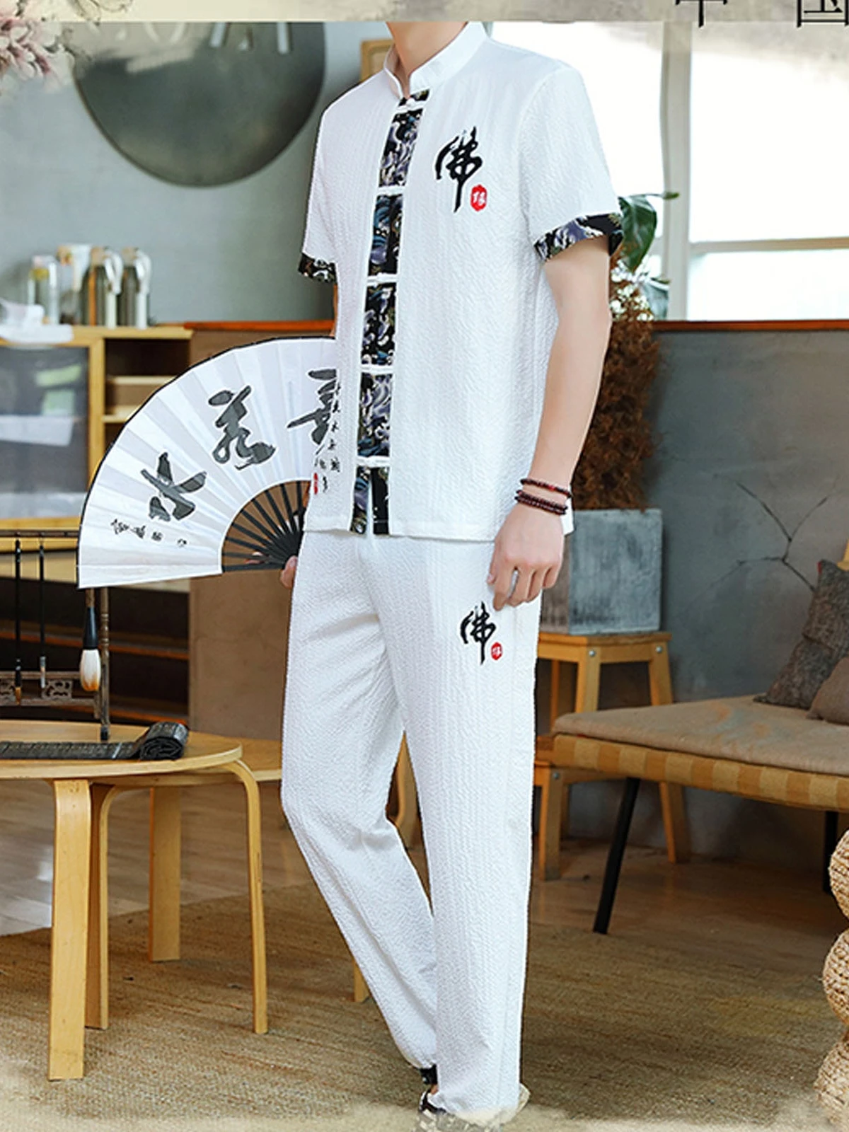 

Легкий комплект футболок с коротким рукавом для мужчин, свободный крой, из смесового хлопка и льна, летняя повседневная одежда, винтажный китайский костюм в стиле Тан