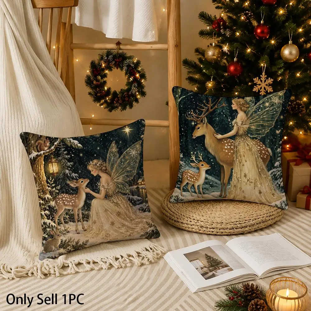 Female Christmas Elf and Reindeer Cushion Cover Christmas Plush Pillow Cover | Soft Cushion Case | Holiday Home Decor Gift