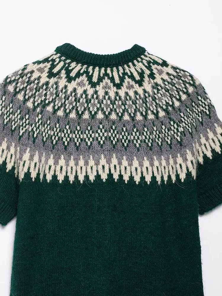 Cárdigan de punto Jacquard para mujer, Otoño Invierno, un solo pecho, manga corta, cuello redondo, suéter corto de otoño, prendas de vestir exteriores