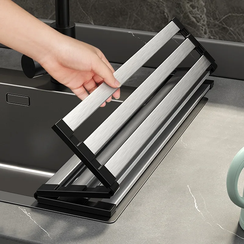 

304 Stainless Steel Kitchen Sink Drain Rack Sink Bowl and Dish Storage Rack Foldable and Retractable Drain Basket