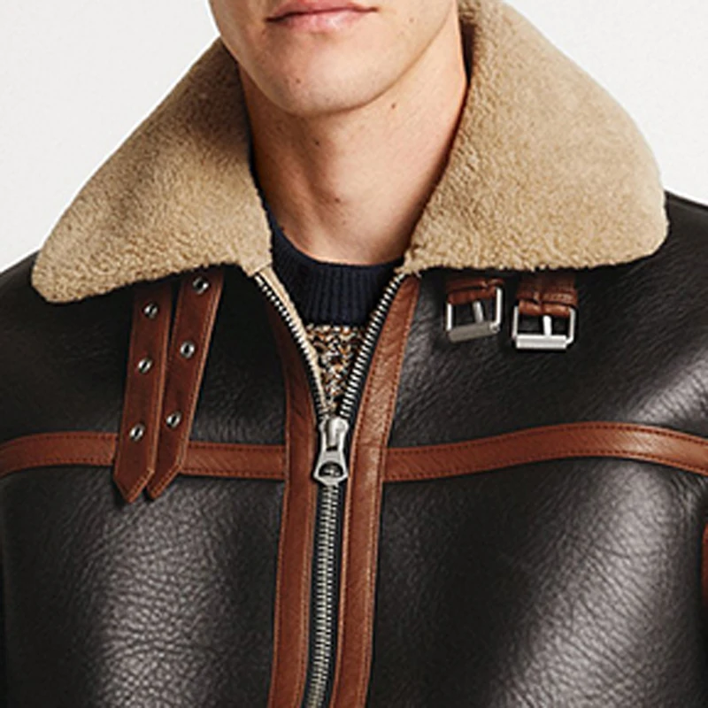 Leather and fur integrated B3 leather air force flight jacket British fashion sheepskin thickened warm winter jacket coat men