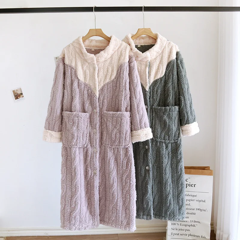 2024 Autumn/Winter New Coral Fleece Nightgown Women\'s Plush Thickened Nightgown Bathrobe Long Flannel Home Robe Ladies Nightgown