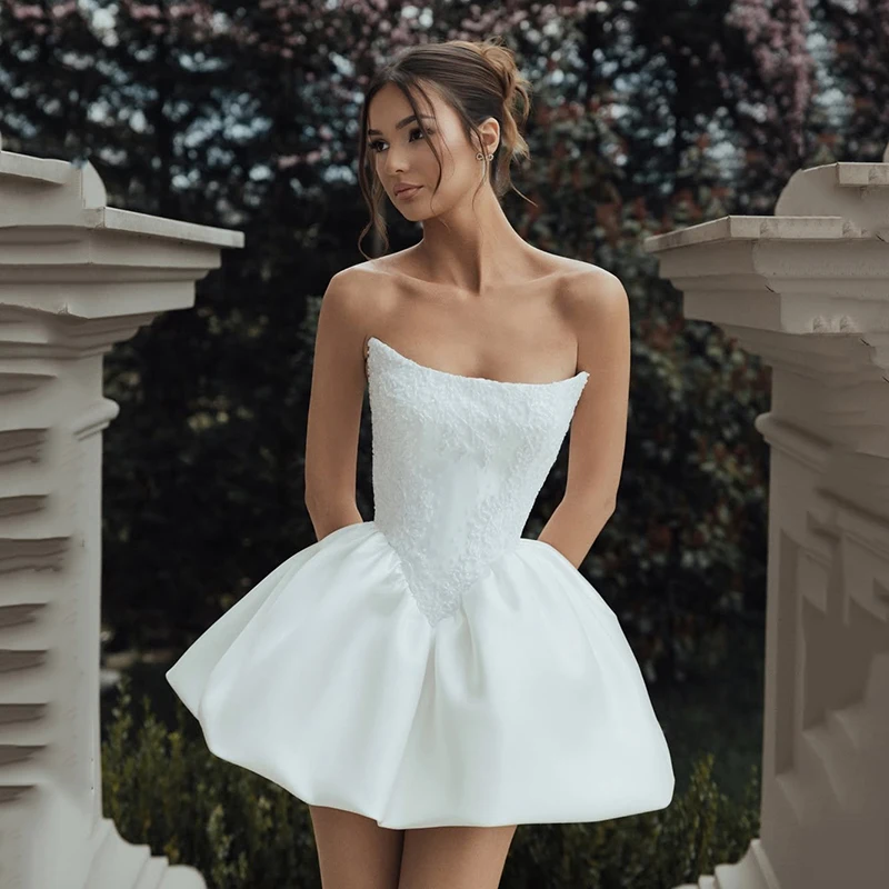 Eightree Formal Short Wedding Dresses Boho Strapless Appliques Lace Mini Bridal Dress Women Evening Wedding Prom Gown Customized