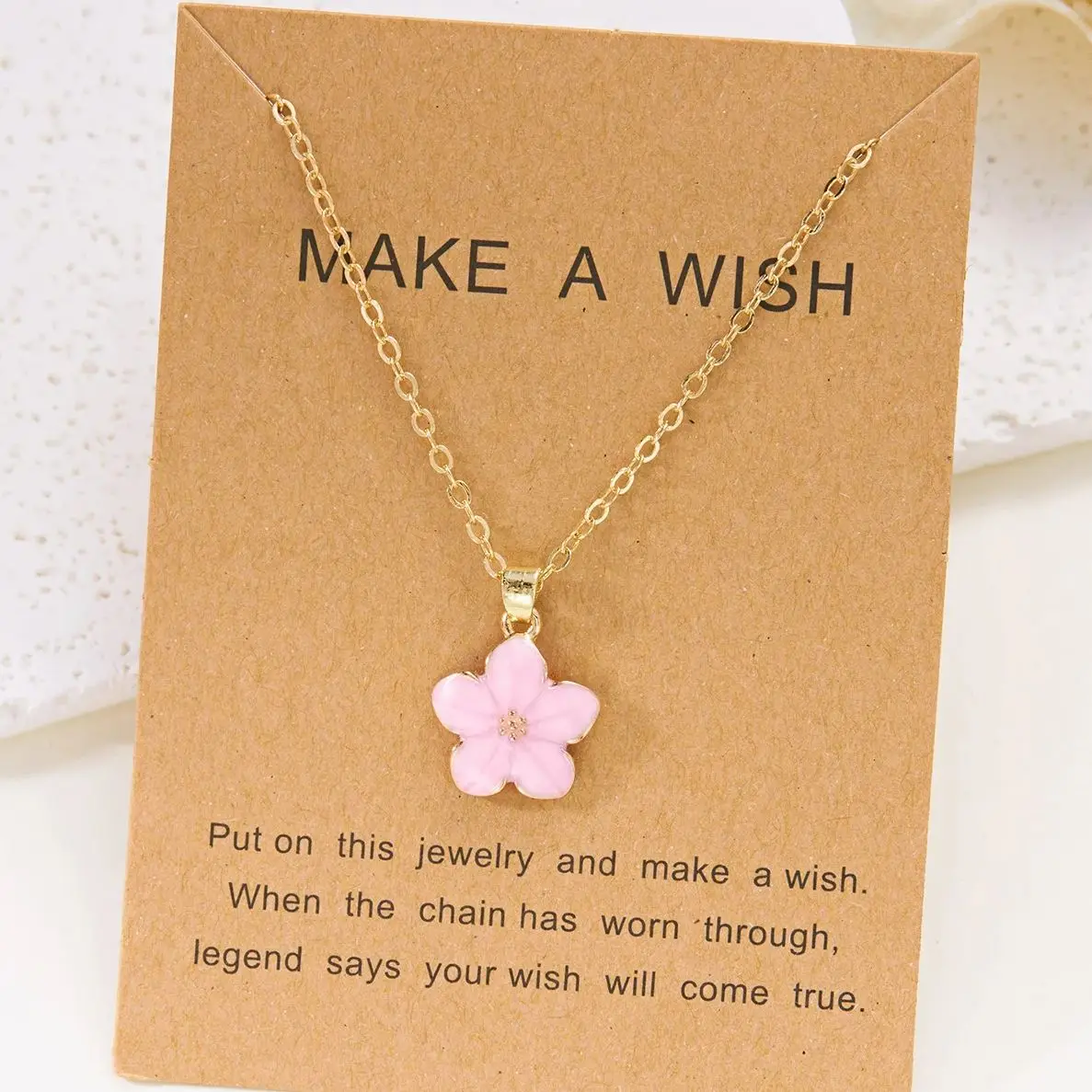 

Fashion Enamel Flower Pendant Necklace for Women Romantic Colorful Cherry Blossom Necklace Make A Wish Cardboard Jewelry Gifts