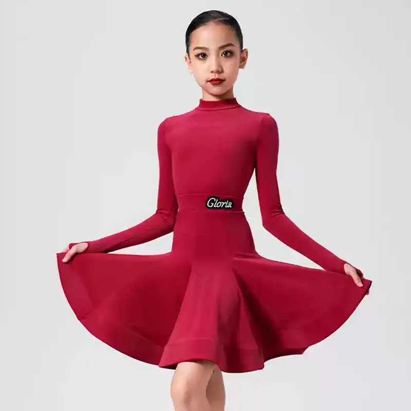

Four Color Latin Dance Competition Suit Girls Cha Cha Costume Rumba Stage Wear Long Sleeve Velvet Dance Top Practice Skirt 1604