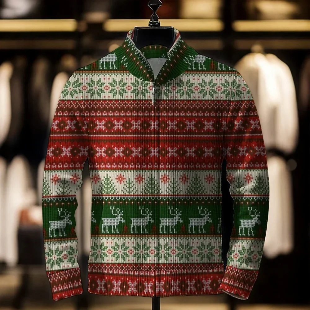 Sweater cetakan 3D Natal baru 2024, mantel kardigan longgar kasual untuk pria, pakaian luar Natal, liburan Sweater untuk pria