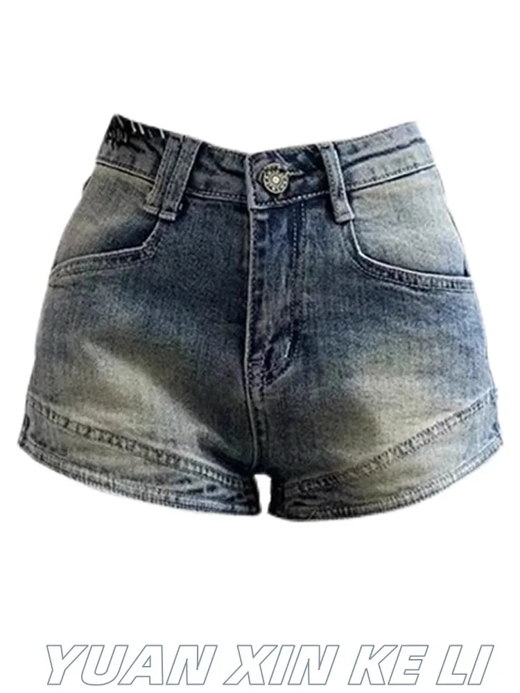 

High Waist Slim Fit Distressed A-Line Denim Shorts Women's Summer Hot Pants American Retro High Street Style Ladies Jeans