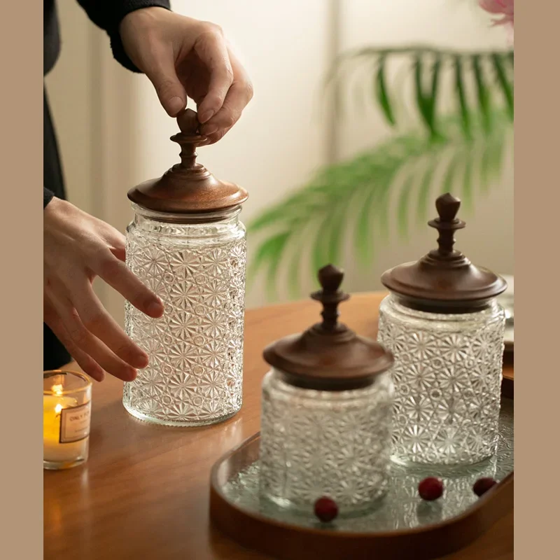 Glass Storage Bottle Ebony Sandalwood Lid Sealed Jar Kitchen Storager Organizer Candy Cans Vintage Coffee Bean Storage Bottle