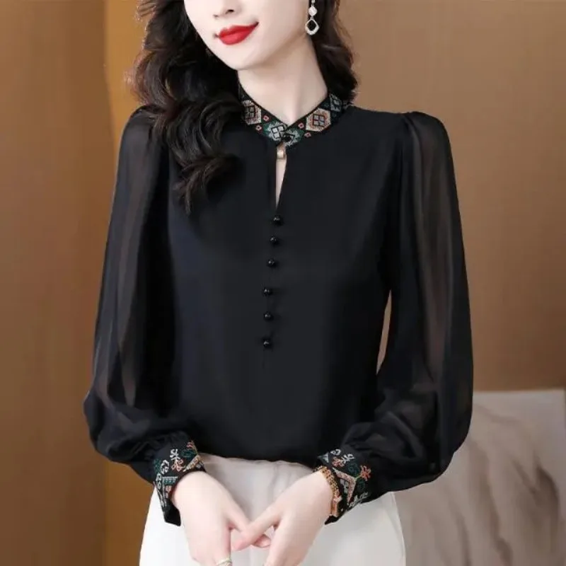 

2024 Spring New Women's Pullover Stand Collar Gauze Hollow Out Fashion Solid Button Folds Puff Sleeve Casual Long Sleeved Tops