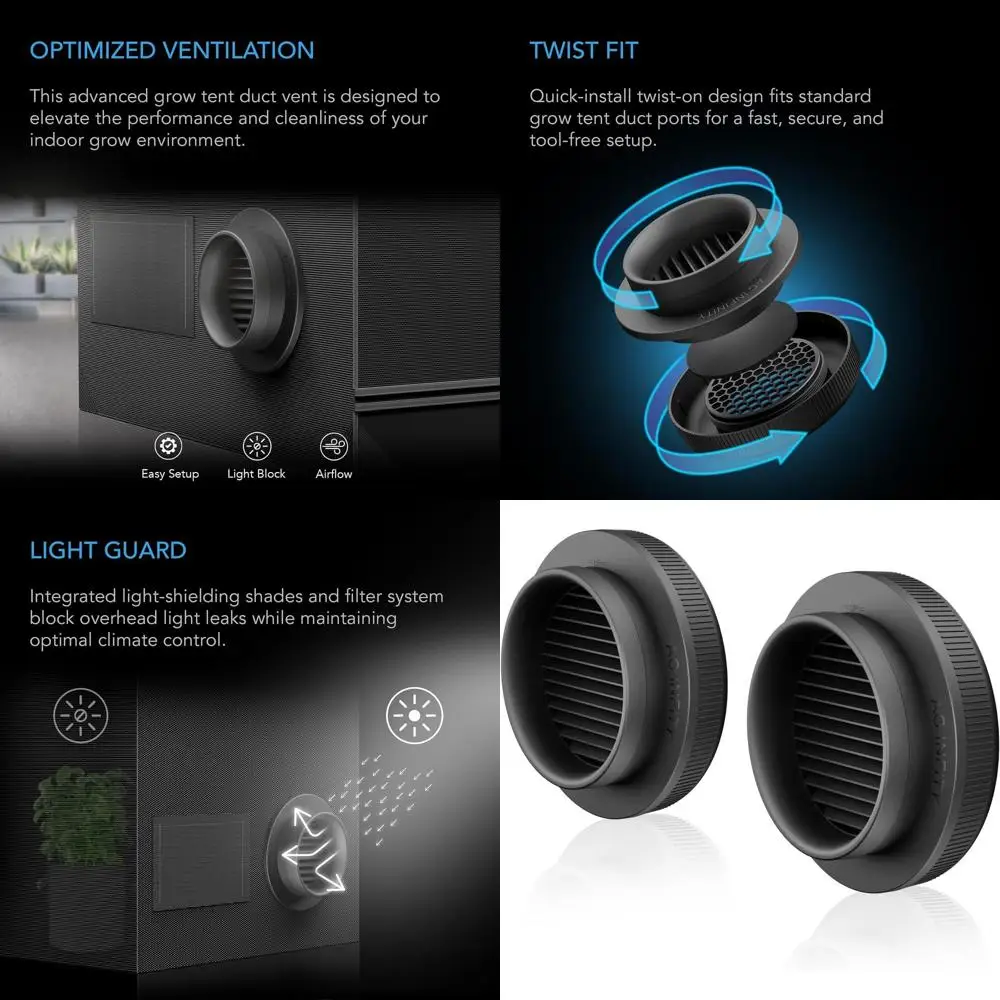 

Grow Tent Duct Vent, 2 Pack – Light-Blocking -On Air Vents with Built-in Adapter, Insect & Dust ilter, High Airlow, its Stand 8-