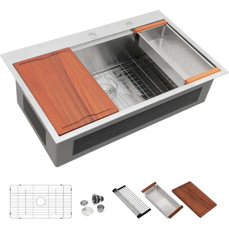 Dcolora 33x22 Drop In Kitchen Sink Workstation 16 Gauge 304 Stainless Steel Single Bowl Topmount Sinks