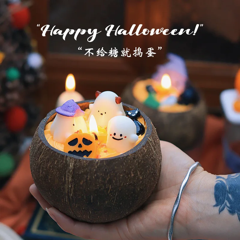 Halloween Coconut Shell Scented Low Temperature Candle. Pumpkin ghost atmosphere souvenir. Handmade cup wax
