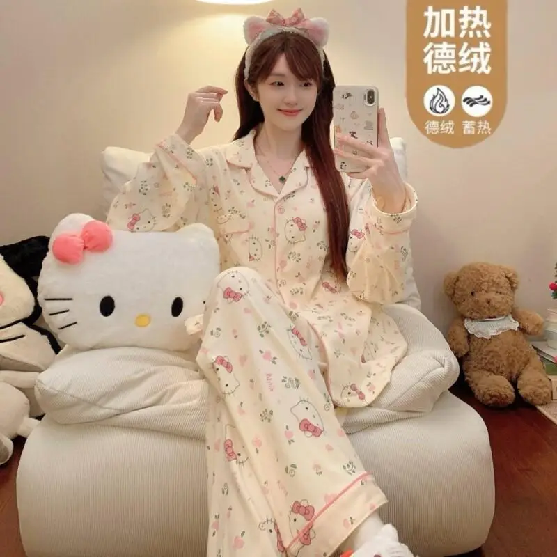 

Комплект пижам Sanrio Hello Kitty, двусторонний флисовый, для женщин и студентов, домашняя одежда, утолщенный, милый, теплый, с длинными рукавами, для сна, осень-зима