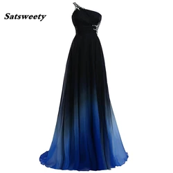 Sexy Criss-Cross Back One Shoulder Ombre Blue Black Red Chiffon Long Prom Dresses 2025 Real Photos Formal Party Gowns