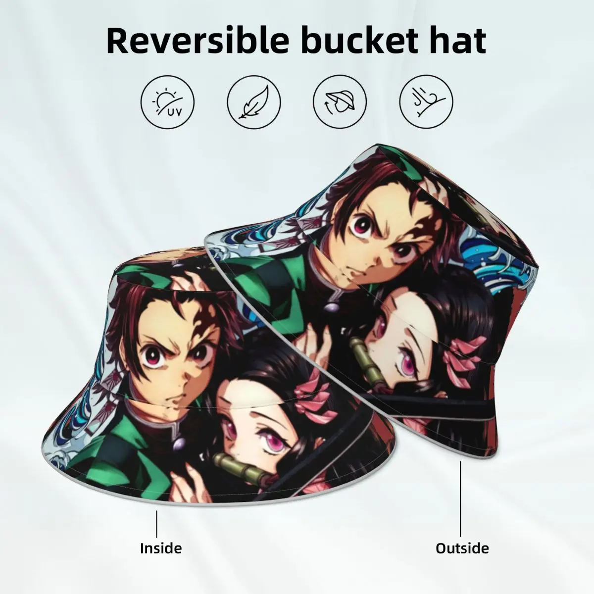 Tanjiro Nezuko Demon Slayer Bucket Hat Kimetsu no Yaiba Double-sided Wear Custom Reflective Fisherman Hats Fun Hiking Sun Hat