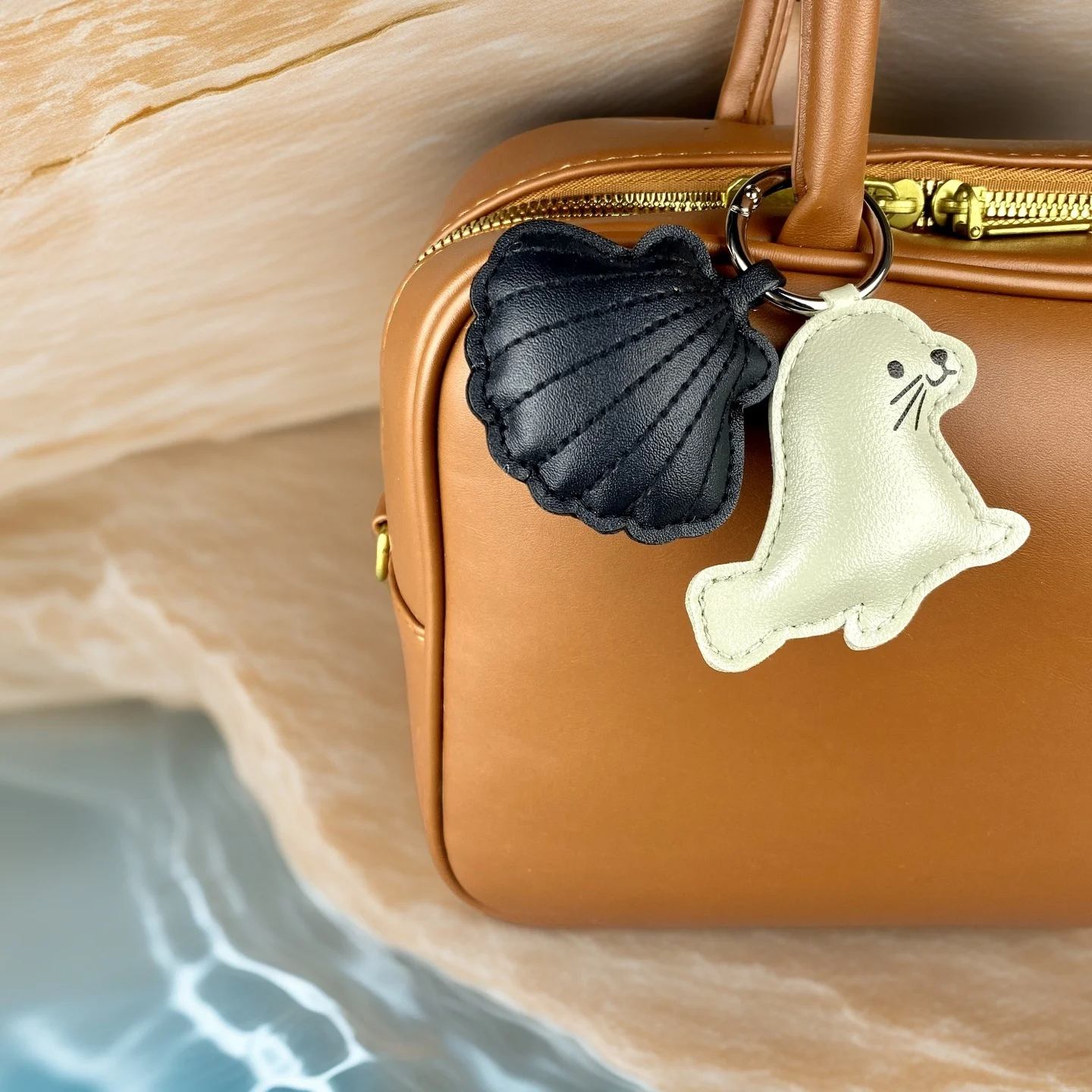 Cute PU Leather Keychain with Ocean Animal Charms - Stress Relief Sea Horse Shell Sea Lion Orca Pendant Gift Accessory view 4