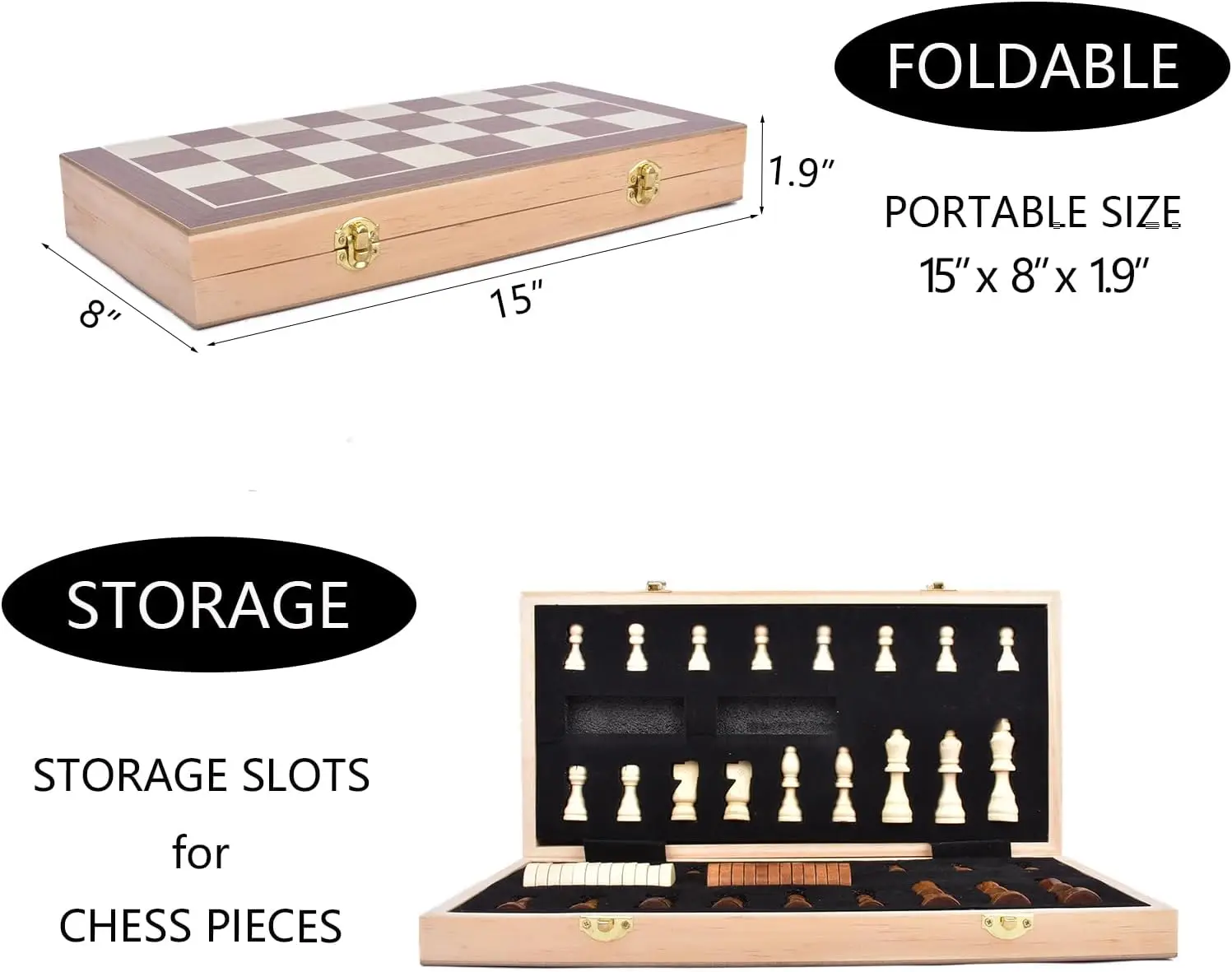 مجموعة شطرنج خشبية مغناطيسية مقاس 15 بوصة - لوح قابل للطي مع مساحة تخزين، لعبة كلاسيكية للأطفال والكبار، رائعة للسفر والهدايا #2