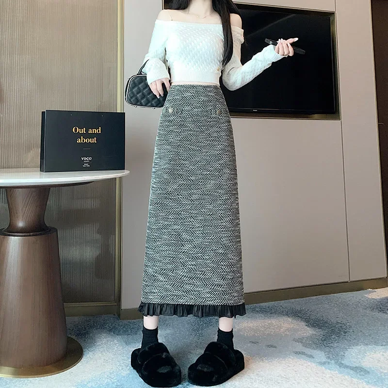 Xiaoxiangfeng woolen A-line skirt, light luxury women's half skirt, winter new long skirt