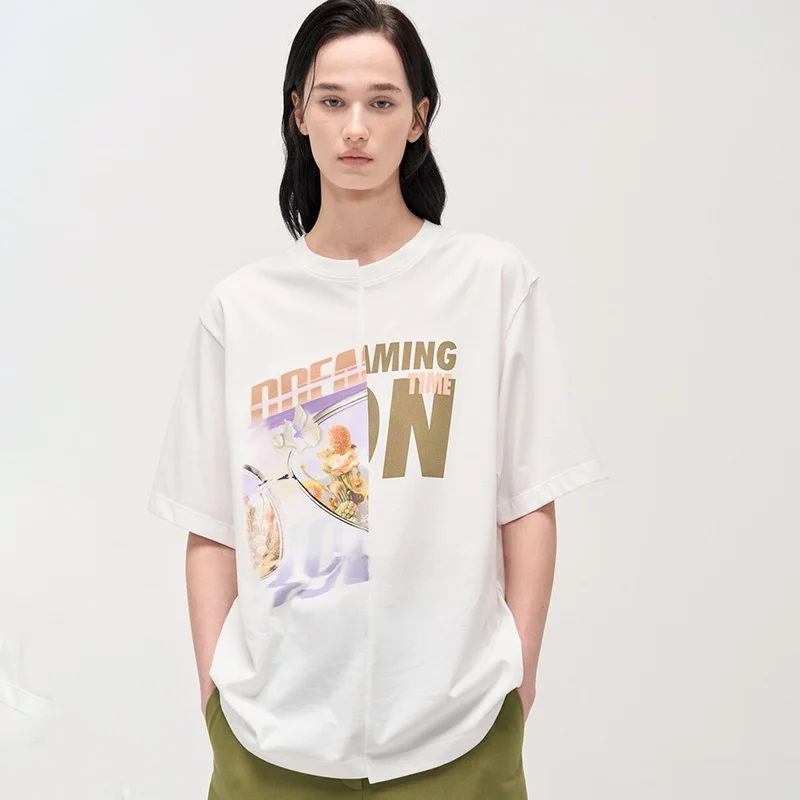 

Casual Commute ort Sve round Ne T-irt Asymmetric Self-kept Korean Sle Straight Cut Regular Length Color Text...