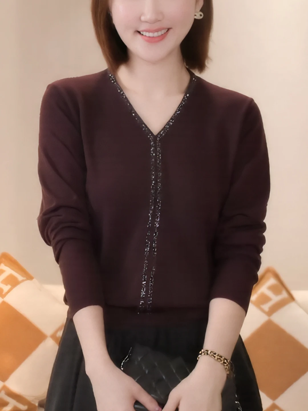 

Women's V-Ne Long Sve Knitted Base irt Autumn Winter Loose Slimming Sweater Comfortable Warm Color Top