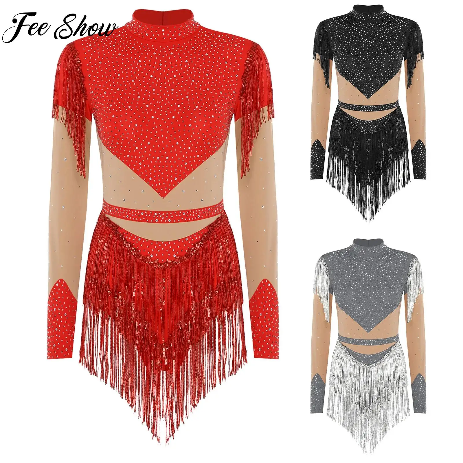 

Women's Gymnastic Figure Skating Rhinestone Bodysuit Latin Chacha Rumba Dance Costume Sequin Tassel Long Sleeve Leotard Jumpsuit