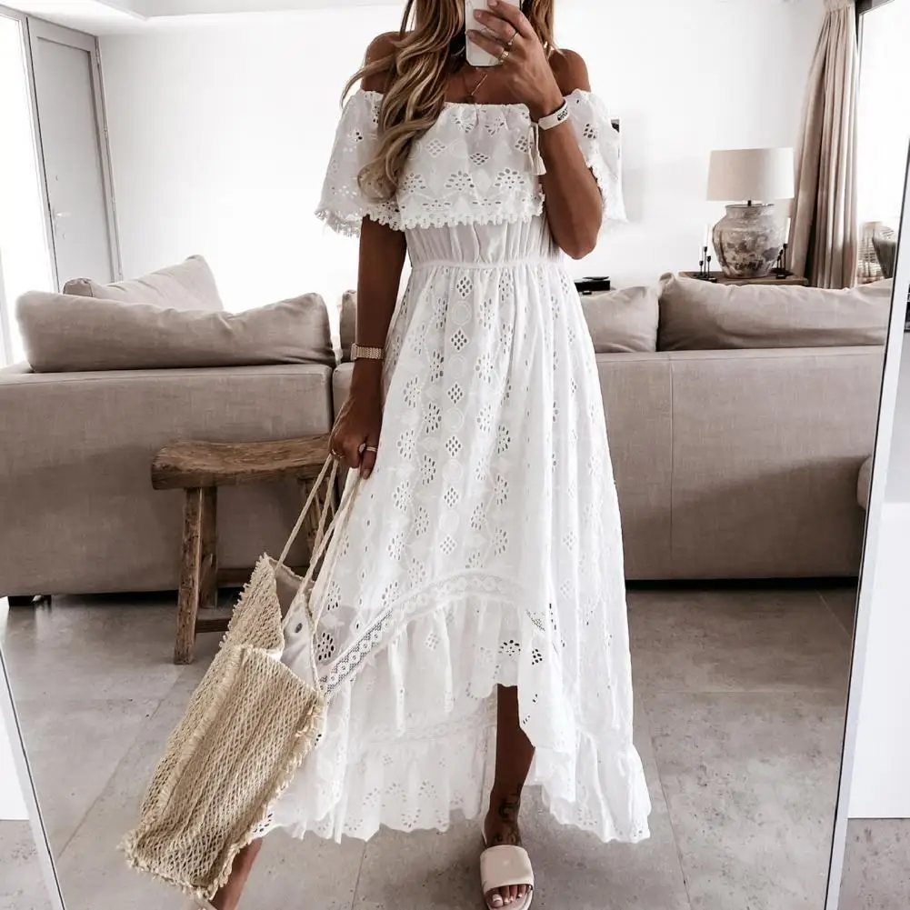 

Hollow Out Slash Neck Women Holiday Dress Bandeau Elastic Waist High Low Hemline Long Dress Off Shoulder Solid Casual Maxi Dress